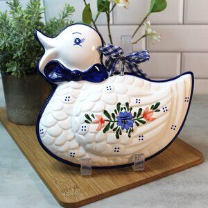 Vintage Duck Wall Plaque Hanging Blue White Ceramic Floral Checked Ribbon